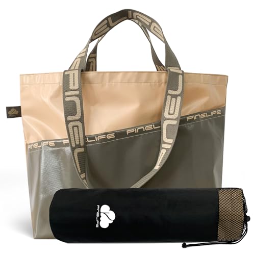 Large Foldable Waterproof Tote Bag, Heavy Duty for Beach & Swim - color: Beige/Olive