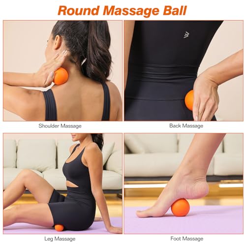 5 in 1 Foam Roller Set - Trigger Point Foam Back Roller, Muscle Roller Stick, Massage Ball, Stretching Band for Deep Muscle Massage Pilates Yoga,Fitness Exercise for Whole Body Release (Orange)