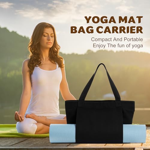 Yoga Mat Carrier, Gym Bag With Yoga Mat Holder, Women Canvas Tote With Shoulder Strap For Pilates, Travel, Office, Sports, Workout And Beach – Inner Zippered Pocket, Fits Standard And Small Mats - color: Black