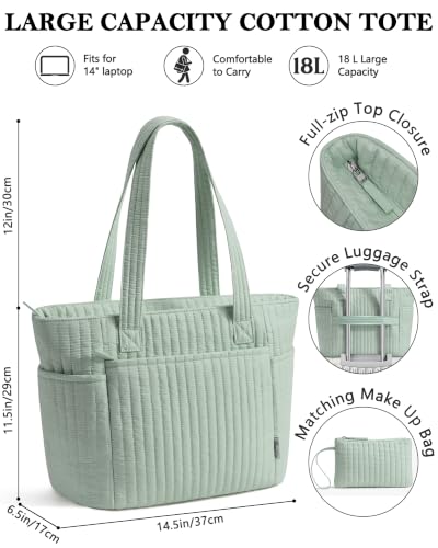 Bagstellar Quilted Tote Bag for Women Teacher Nurse Cotton Laptop Work Tote | Top Zip Closure Puffer Nursing School Travel Tote Bags with 40oz Cup Holder, Lightweight 14” Computer Shoulder Handbag Purses - color: Sage Green