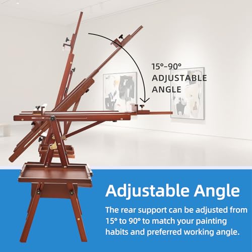 Large Horizontal Wooden Painting Easel, Holds up to 50'' | H-Frame Studio Easel Stand with Storage Drawer and Palettes, Suitable for Adults, Beginners, and Artists, Walnut - style: Walnut