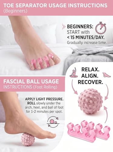 4-Piece Toe Spreaders and Foot Massage Ball Kit | 2 Pairs Gel Toe Stretchers & 2 Spiky Massage Balls for Bunion Relief, Plantar Fasciitis, Foot Pain(Pink) - color: Pink