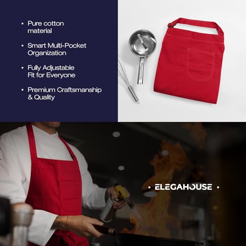 Unisex Apron with Pockets for Cooking, Salon & Art - 100% Cotton Adult Kitchen, Chef, Stylist Apron (Red) - color: Red