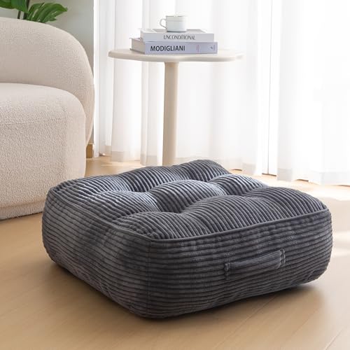 HIGOGOGO 8" Extra Thick Floor Pillow Cushion for Adults, Meditation Cushion Pillow, Tufted Corduroy Cover, Large Square Floor Sitting for Tatami Living Room or Yoga, Dark Grey
