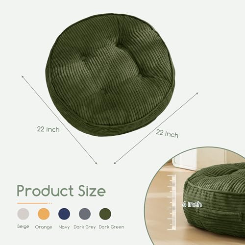 HIGOGOGO 6" Extra Thick Floor Pillow Cushion for Adults, Meditation Cushion Pillow, Large Round Floor Sitting, Tufted Corduroy Cover, for Tatami Living Room or Yoga, 22x22 Inch, Dark Green - color: Round Dark Green, size: 6" Thick(Pack of 1)