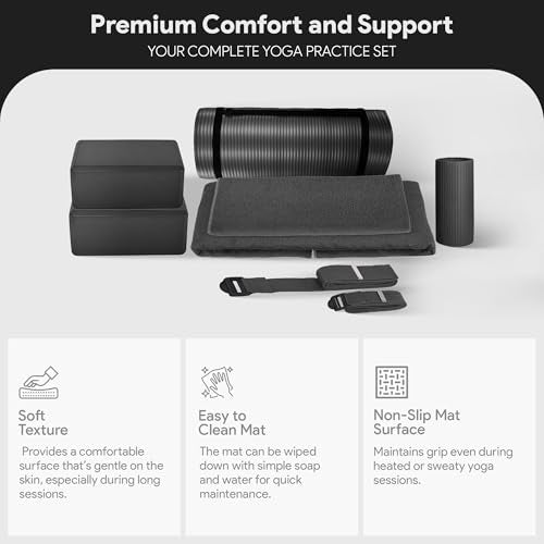 BalanceFrom 7-Piece Yoga Set with 71x24x1 Inches Extra Thick Mat and Carrying Sling – Includes 2 Blocks, Stretch Strap, 2 Towels, and Knee Pad for Home, Studio, and Gym Workouts - color: Black