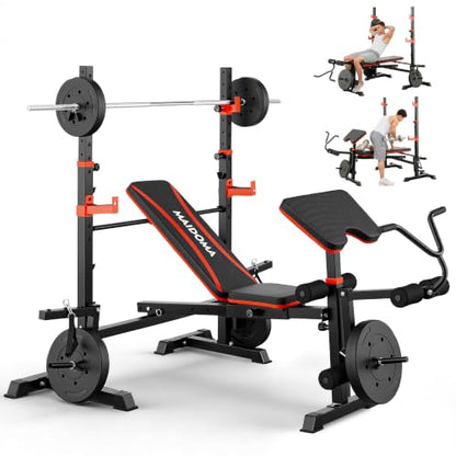 MAIDOMA Multi-Function 8 in 1 Foldable Weight Bench Set with Leg Extension - color: rust red