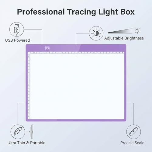 A4 Ultra-Thin LED Light Pad with Scale - 5000 Lux Stepless Dimmer Light Box for Diamond Painting, Tracing & Sketching - USB Powered Portable Light Table for Artists, Tattoos & Animation - Purple
