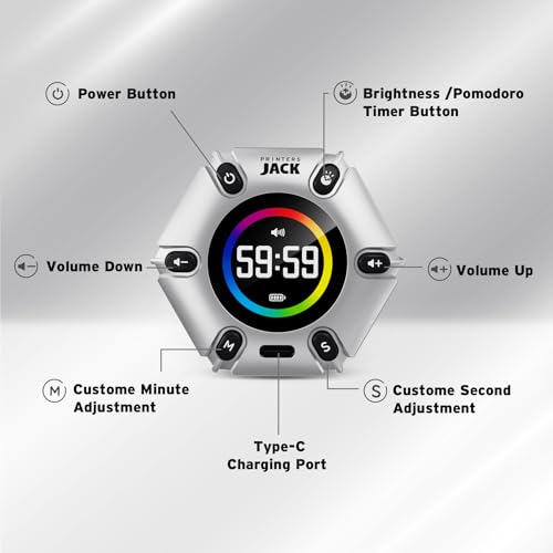 Printers Jack Pomodoro Timer - Productivity Cube, Visual Focus Timer, Mute & Vibration & Adjustable Sound Alert, for Office, ADHD, Study, Work, 3/5/10/25/30/60min & Custom Countdown - Silver - color: Silver
