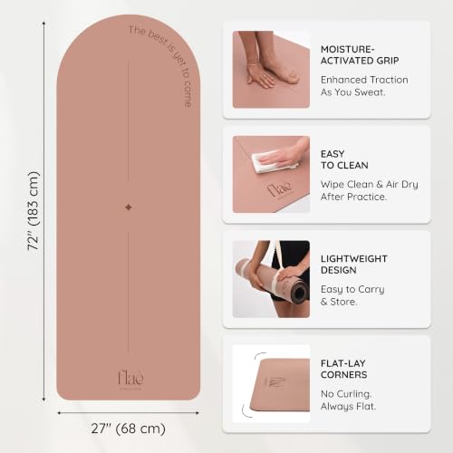 Premium PU Yoga Mat | Sweat-Activated Non-Slip Grip | Natural Rubber Base | Arch-Shaped Design with Carry & Stretch Strap | For Yoga, Pilates & Stretching & Workouts - color: dusty pink
