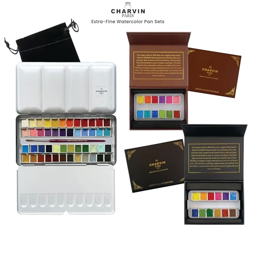 Charvin Extra-Fine Watercolor Pan Set, Primary - Handmade Box Set of 12 Half-Pans - Professional Watercolor Paint Set, Made in France, Smooth Shellac-Like Finish, Glossy & Highly Transparent Pigment - color: Primary