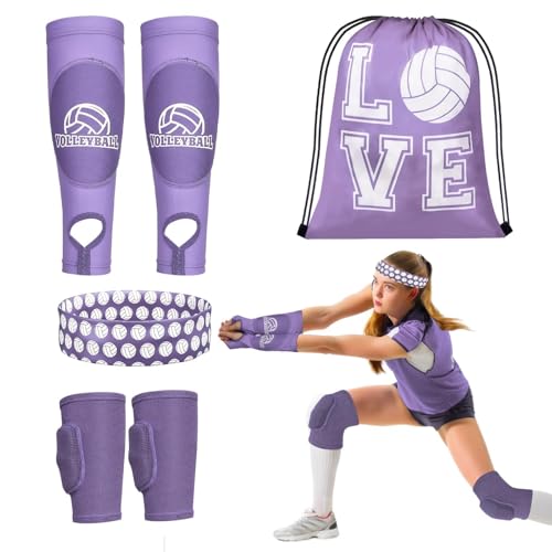 6 Pcs Volleyball Accessories, Include Volleyball Knee Pads Arm Sleeves Drawstring Bag Softball Headbands Volleyball Protection Equipment Gifts - color: Purple, size: X-Large
