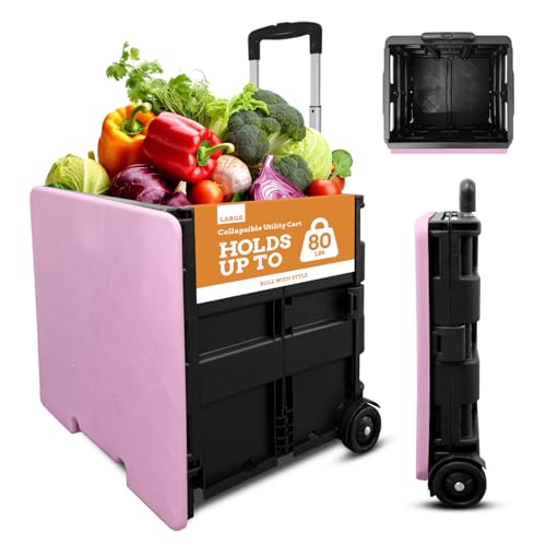 Inspired Living Collapsible Ultra-Slim Pack-N-Roll,2 Wheel Utility Cart w/Lid Used as Seat up to 250 Lbs, Telescopic Handle, Super Strong, for Home,Garden,Shopping,Office,School, Large, Pink & Black - color: Pink, size: Large/ Lid