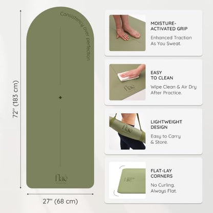 Premium PU Yoga Mat | Sweat-Activated Non-Slip Grip | Natural Rubber Base | Arch-Shaped Design with Carry & Stretch Strap | For Yoga, Pilates & Stretching & Workouts - color: matcha green