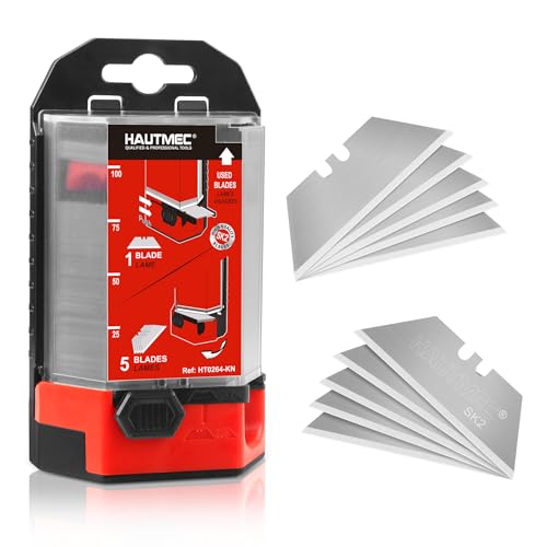 HAUTMEC Utility Knife Blades 100-Pack, SK2 Heavy Duty Razor Blades with 2-Way Safe Dispenser (1 or 5), Used Blade Slot & Remaining Indicator, Box Cutter Replacement for Carpet, Cardboard – HT0264 - style: 100 PCS | SK2