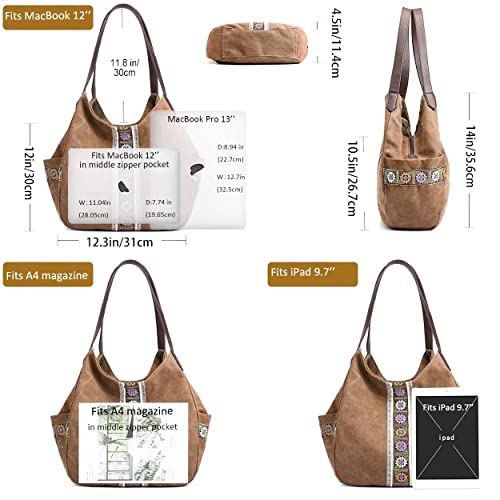 Worldlyda Women Canvas Hobo Purse Multi Pocket Tote Shopper Shoulder Bag Casual Top Handle handbag with Embroidery Ethnic - color: Brown 3