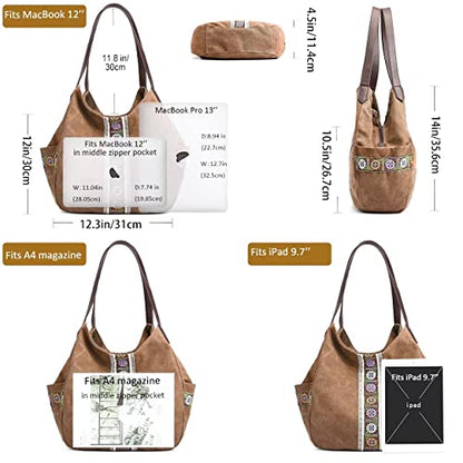 Worldlyda Women Canvas Hobo Purse Multi Pocket Tote Shopper Shoulder Bag Casual Top Handle handbag with Embroidery Ethnic - color: Brown 3