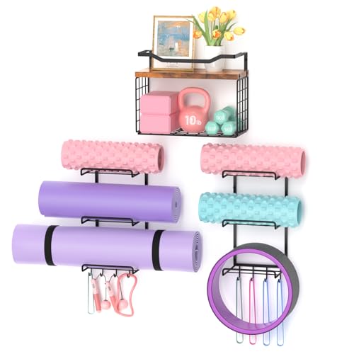 LIDTOP 6-Tiers Yoga Mat Holder Wall Mount with Wood Floating Shelves, Yoga Mat Storage Rack Home Gym Accessories with Hooks for Hanging Stretching Strap & Resistance Bands, Yoga Room/Home Gym Decor - color: Black 6-tier