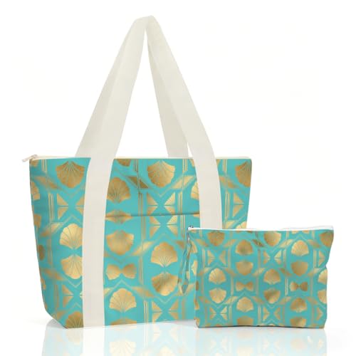IAXIC Waterproof Tote Bag and Wet Bag Set, Summer Pattern Design for Beach Travel Gym Holiday Gifting - color: Teal Gold Scallop