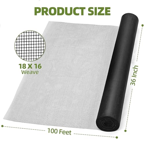 48 in × 100 ft Window Screen Mesh, Fiberglass Window Screen Replacement, Screen Mesh Roll for Window, Door, Patio, Porch (Black) - size: 48" x 100'