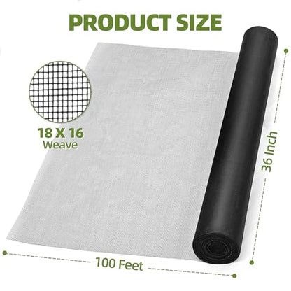 48 in × 100 ft Window Screen Mesh, Fiberglass Window Screen Replacement, Screen Mesh Roll for Window, Door, Patio, Porch (Black) - size: 48" x 100'