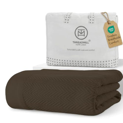Threadmill Luxury 100% Cotton Twin Herringbone Blanket, Espresso - color: Espresso, size: Twin (68" x 92")
