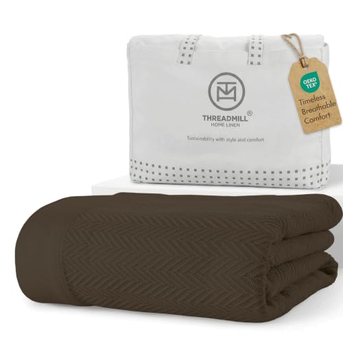 Threadmill Luxury 100% Cotton King Herringbone Blanket, Espresso - color: Espresso, size: King (106" x 92")