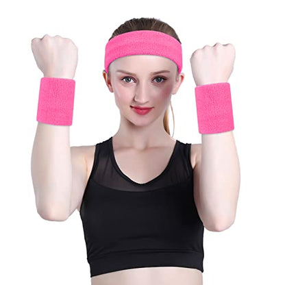 ONUPGO Sweatband Set Sports Headband Wristband Set Sweatbands Terry Cloth Wristband Wrist Sweatband Headbands Moisture Wicking Sweat Absorbing Head Band - color: Pink