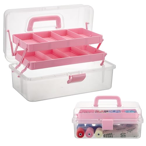 BTSKY 3-Layer Clear Plastic Dividing Storage Box Craft Organizer and Storage with Adjustable Spacers Portable Handled Art Supply Organizer Multipurpose Home Utility Box Sewing Organizers (Pink) - color: Clea+Pink
