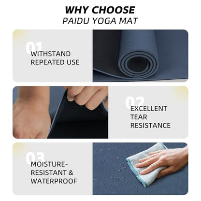 PAIDU Extra Long Wide Yoga Mat, （10mm） Thick Non-Slip Exercise Mat 76"x33" - color: Dark blue + Black
