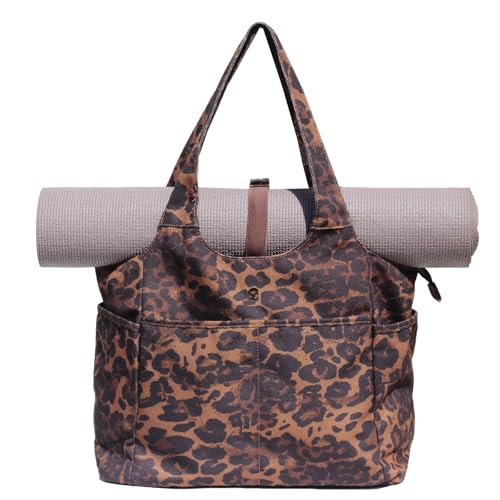 ESVAN Yoga Tote Bag Mat bag Women Shoulder Bags Carryall Tote for Travel Office Workout Gym Nurse Beach - color: Canvas Brown Leopard Print