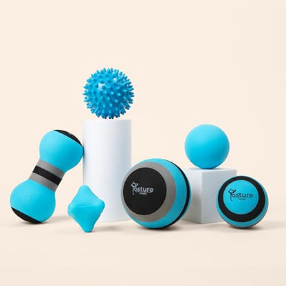 Posture Magic Massage Ball Set for Myofascial Trigger Point Release & Deep Tissue Massage - Set of 6 - Large Foam/Small Foam/Lacrosse/Peanut/Spiky/Hand Exercise Ball (Blue) - color: Blue