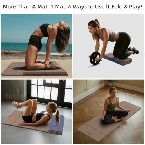 LVME Foldable Yoga Mat, 71"x24"x1/3" Thick(8mm), Non Slip Exercise Mat - color: Champagne + Grape