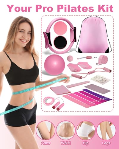 Pilates Essential Kit, Pilates Equipment Set for Women with Pilates Ring and Ball Set, Resistance Bands, Jump Rope and Core Sliders at Home Pilates Kit for Women Yoga Fitness Workouts&Better Me Gifts