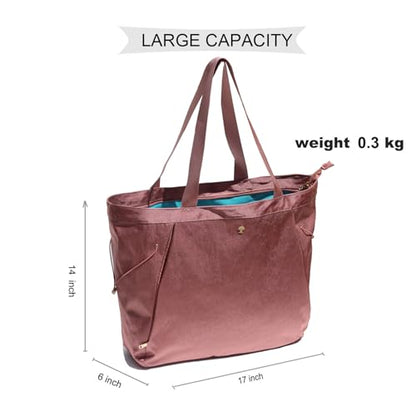 ESVAN Yoga Tote Bag for Women Shoulder Bags Drawstring for Office Workout Travel Carryall Pilates Gym and Beach - color: Nylon Rose Gold
