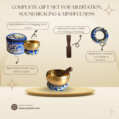 4 Inch Hand Hammered Singing Bowl Gift Set - Includes Wooden Mallet, Cushion & Gift Box - Mindfulness & Yoga Tool for Stress Relief - Spring Wellness Ritual - Made in Nepal - size: 4 inch