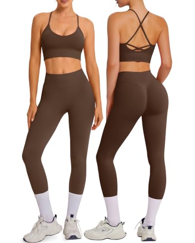 OMKAGI Padded Workout Sets for Women Cross Back Tank Gym Leggings Outfits - color: 772-chestnut, size: Small