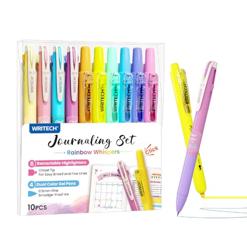 WRITECH Gel Pens Journaling Highlighters: Pastel 2-in-1 Journal Set 10ct | 0.5mm Fine Point Dual Color Pen Retractable Aesthetic Pastel Colors for Smooth Writing Drawing Teachers Nurses Office - color: Pastel