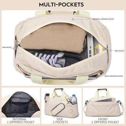 14 inch Small Gym Bag for Women & Men, Mini Duffel Bag for Travel Sports Lightweight Carry On Bag (Beige) - color: Beige