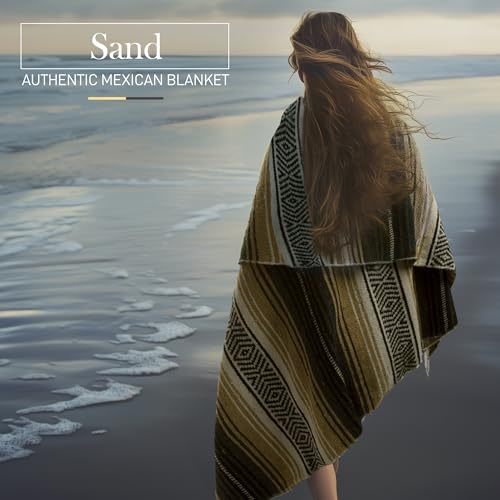 Authentic Large Handwoven Mexican Blanket - Soft Yoga Blankets - Durable Serape - Lightweight Falsa Blanket, Beach, Camping, Picnic, Equestrian Saddle, Outdoor Blankets 70"x50" - Sand - color: Sand