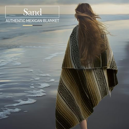 Authentic Large Handwoven Mexican Blanket - Soft Yoga Blankets - Durable Serape - Lightweight Falsa Blanket, Beach, Camping, Picnic, Equestrian Saddle, Outdoor Blankets 70"x50" - Sand - color: Sand