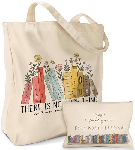 Miss Adola Aesthetic 2 Pack Canvas Tote Bag - with Makeup Zipper Pouch for Women Bag for Shopping, Gym, Travel, Vacation - color: Colorful Book