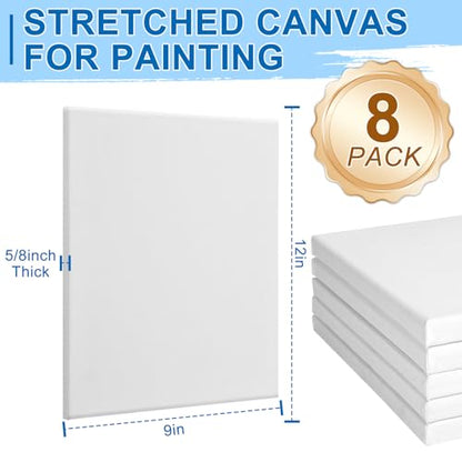 ESRICH Stretched Canvas for Painting, 8 Pack 9x12 Inch Canvas Value Pack,Primed Acid-Free Cotton Blank Canvases, Painting Canvas for Oil & Acrylic Paint. - size: 9X12IN 8 Packs