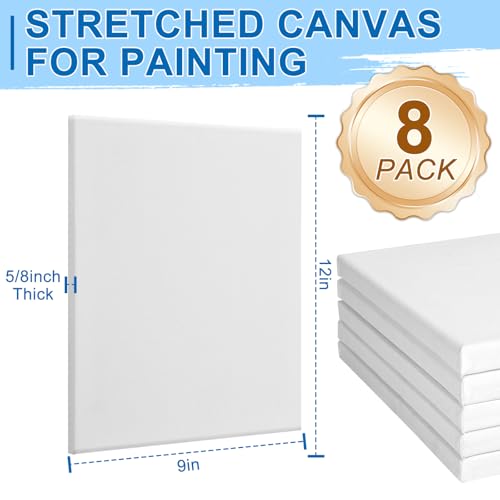 ESRICH Stretched Canvas for Painting, 8 Pack 9x12 Inch Canvas Value Pack,Primed Acid-Free Cotton Blank Canvases, Painting Canvas for Oil & Acrylic Paint. - size: 9X12IN 8 Packs