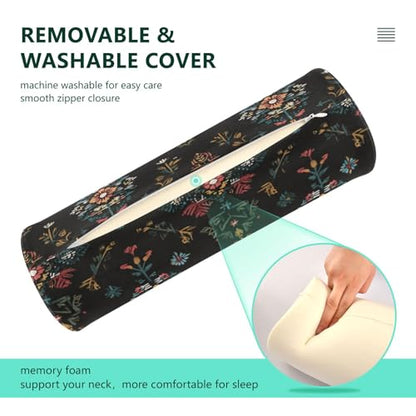 Black Boho Flower Neck Roll Pillow Bolster Round Health Memory Foam Long Cervical Cylinder Pillows with Removable Washable Cover for Body Bed Legs Back Yoga - color: Black Boho Flower