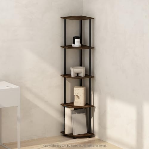 Furinno TURN-N-TUBE Corner Shelf, 5-Tier Corner Bookshelf, Open Storage Shelves, for Organization and Storage, Living Room, Home Office, Garage, Bedroom, Columbia Walnut - color: Columbia Walnut/Black, size: 5-Tier Corner