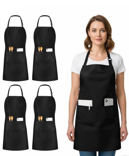 Utopia Kitchen 4 Pack Bib Apron Adjustable with 2 Pockets, Water and Oil Resistant, Cooking Kitchen Chef Apron for Women Men - color: Black