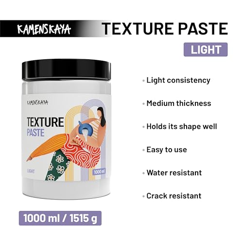 KAMENSKAYA Light Texture Paste 33.8 fl oz / 1000 ml – Acrylic Modeling Paste for Canvas, White Texture Medium for Acrylic Painting, Crack-Resistant, Sandable, Made in EU - color: Light Texture, size: 33.8 Fl Oz (Pack of 1)