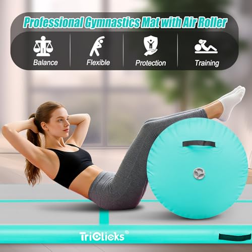 Triclicks Gymnastics Barrel Inflatable Air Roller Barrel Tumble Track Equipment Octagon Mat for Backhandspring Trainer Yoga Cheerleading Home Use Gym Without Pump - color: Green Set-No Pump, size: Mat (10ft*3.3ft*4in)+Roller (31.5*19.7in)