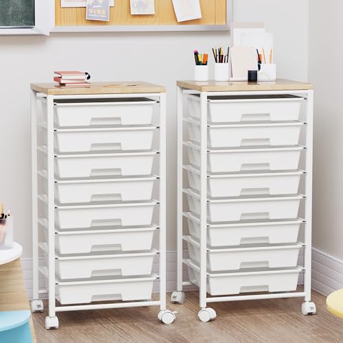 Rolling Cart with 8 Drawers, Storage Drawers Cart with Wooden Tabletop and Lockable Wheels, Craft Storage for Living Room, Office, Classroom, Craft Room, Bedroom - color: White